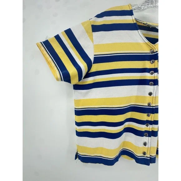 Women's Blue Yellow Striped Button Front Top Size L Game Day Rams Brewers Colors - Picture 7 of 9